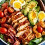 A vibrant crispy chicken salad topped with fresh vegetables and dressing.