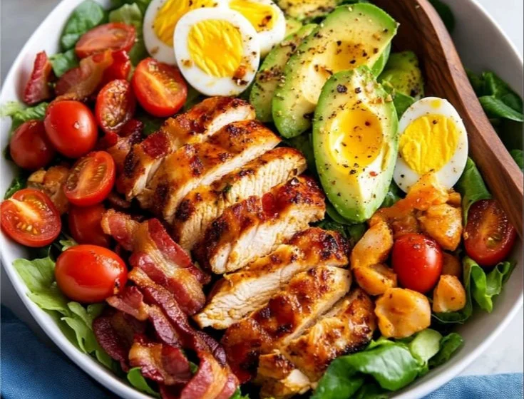 A vibrant crispy chicken salad topped with fresh vegetables and dressing.