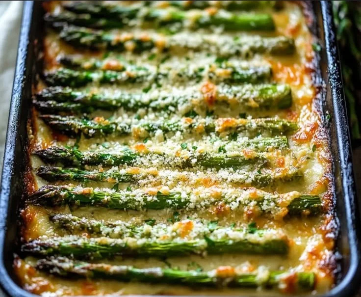 Crispy Parmesan roasted asparagus garnished with fresh herbs