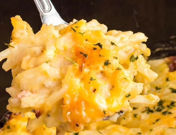 Delicious Crock Pot hash brown casserole ready to serve.