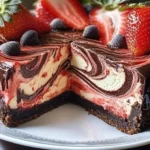 Decadent Chocolate Strawberry Swirl Cheesecake 3 Decadent chocolate strawberry cheesecake with a swirl of rich chocolate and fresh strawberries