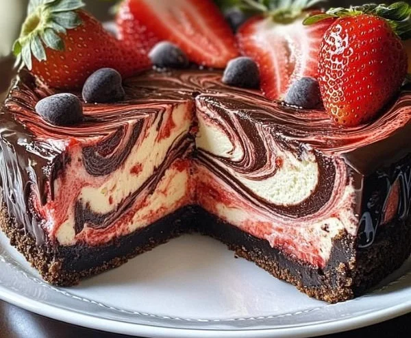Decadent chocolate strawberry cheesecake with a swirl of rich chocolate and fresh strawberries