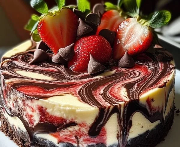 Decadent Chocolate Strawberry Swirl Cheesecake