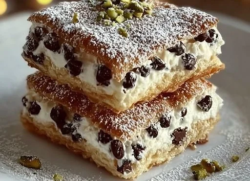 Delicious ricotta cannoli squares topped with powdered sugar