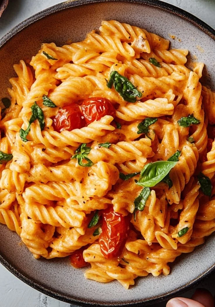 One pot creamy tomato pasta in a bowl, garnished with basil and cheese.