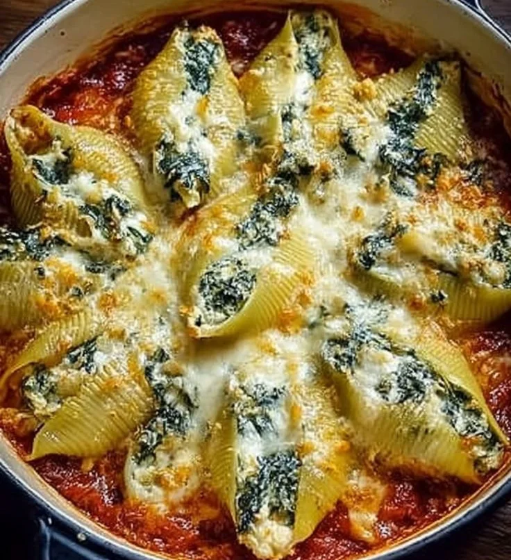Delicious spinach ricotta stuffed shells baked in marinara sauce