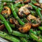 Garlic butter sautéed green beans and mushrooms in a skillet