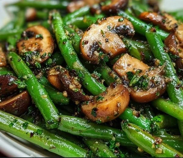 Garlic butter sautéed green beans and mushrooms in a skillet