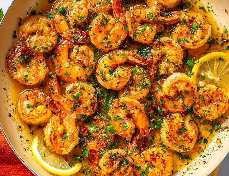 Delicious Garlic Butter Sautéed Shrimp served with fresh herbs.