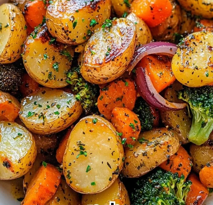 Delicious garlic herb roasted potatoes and veggies served on a plate.