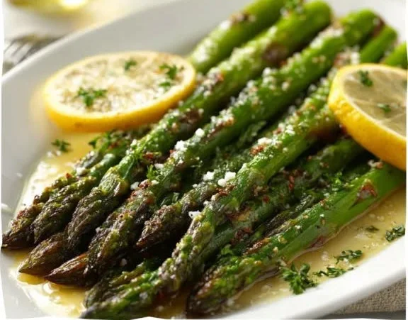Garlic Parmesan Roasted Asparagus served on a plate