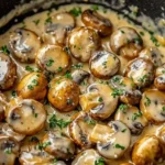 Garlic Parmesan Sautéed Mushrooms 3 Close-up of garlic parmesan sautéed mushrooms in a skillet