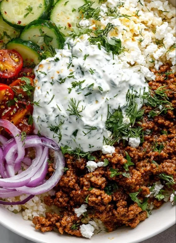 Greek Ground Beef Bowl with Tzatziki