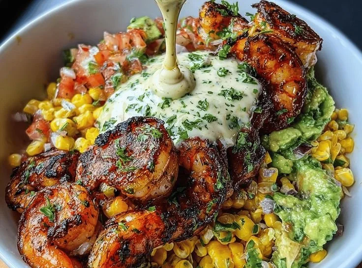 Grilled shrimp bowl topped with avocado and corn salsa
