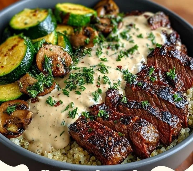 Delicious grilled steak bowl with fresh vegetables and flavorful sauce