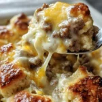 Hearty biscuits and gravy casserole topped with sausage in a baking dish.
