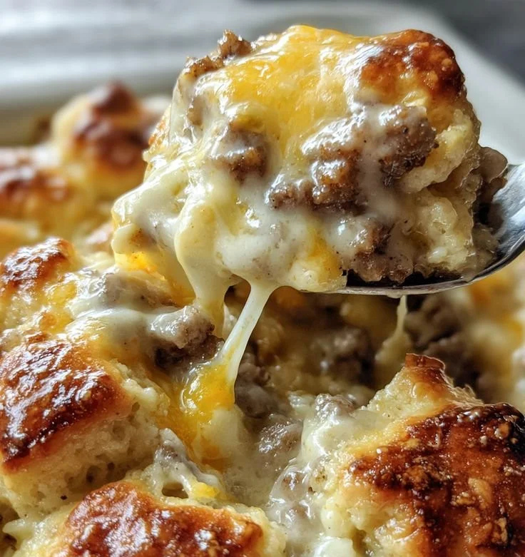 Hearty biscuits and gravy casserole topped with sausage in a baking dish.