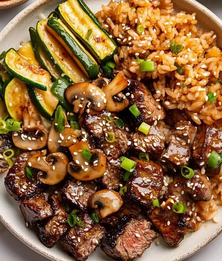 Delicious hibachi steak grilled to perfection with vibrant vegetables.