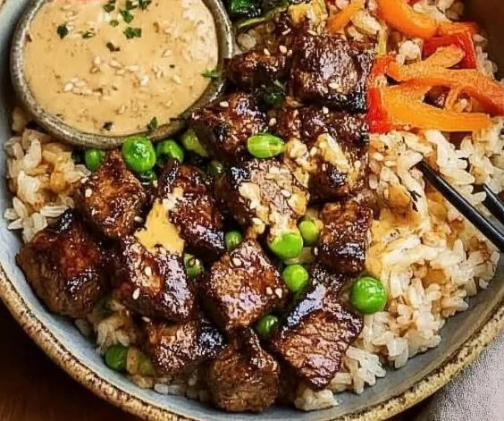 Delicious Hibachi Steak Bowl with grilled steak, vegetables, and rice