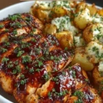 Honey BBQ Chicken served with Garlic Parmesan Potatoes in a delicious platter.