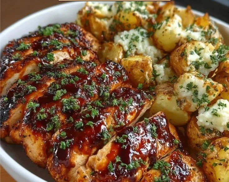 Honey BBQ Chicken served with Garlic Parmesan Potatoes in a delicious platter.