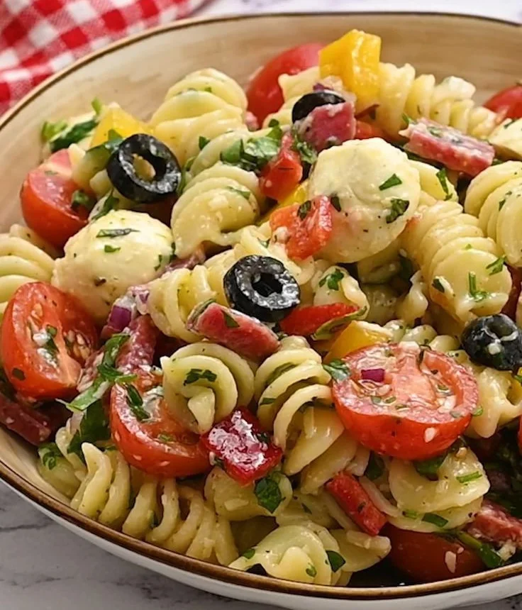 A colorful bowl of Italian Pasta Salad with fresh vegetables and herbs.
