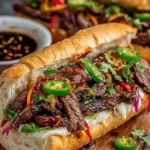 Korean Steak Sandwich with marinated beef and fresh vegetables on a plate