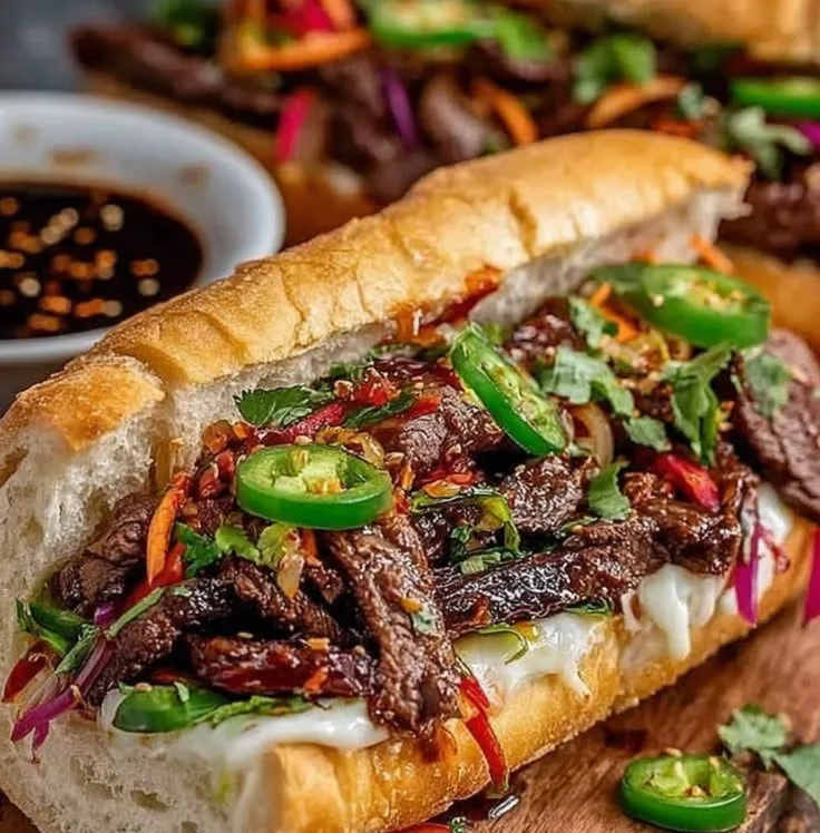 Korean Steak Sandwich with marinated beef and fresh vegetables on a plate