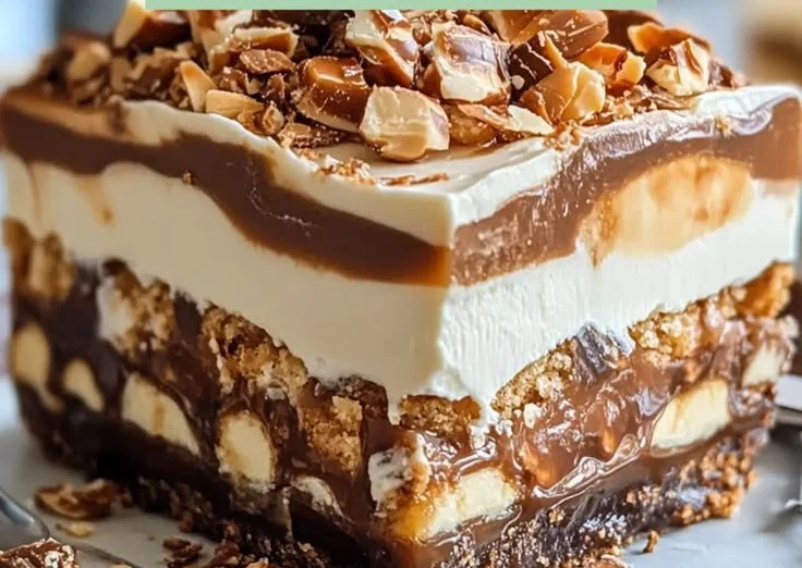 No bake turtle lush dessert with chocolate and caramel layers