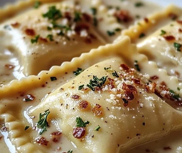 Delicious Olive Garden Ravioli Carbonara topped with creamy sauce and bacon.