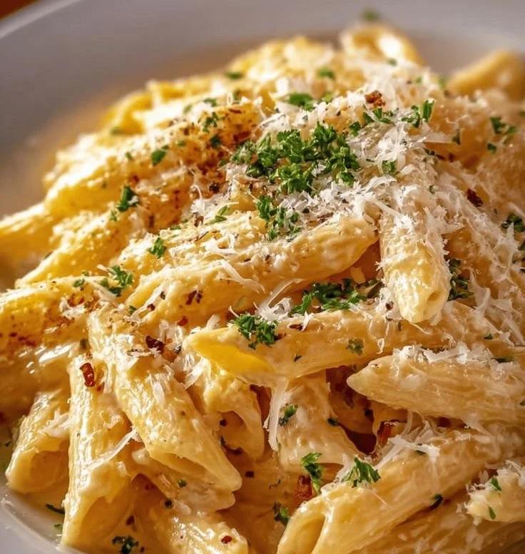 A bowl of creamy garlic parmesan pasta garnished with fresh herbs.