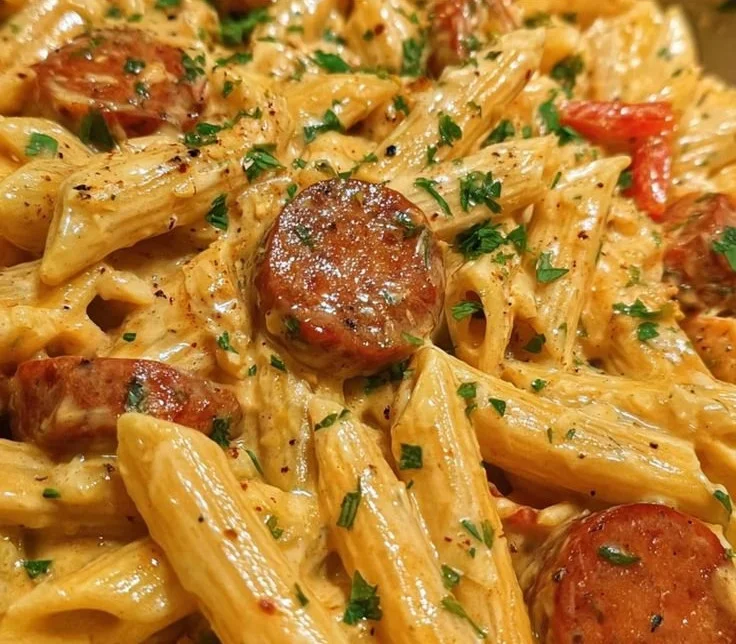 One-pot creamy spicy Cajun sausage pasta in a bowl garnished with herbs