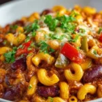 One Pot Vegetarian Chili Mac 3 Delicious one pot vegetarian chili mac served in a bowl with toppings