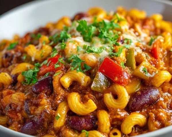 Delicious one pot vegetarian chili mac served in a bowl with toppings