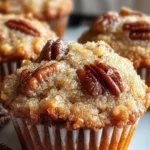 Pecan Pie Brown Sugar Muffins 3 Pecan pie brown sugar muffins freshly baked and served on a plate.