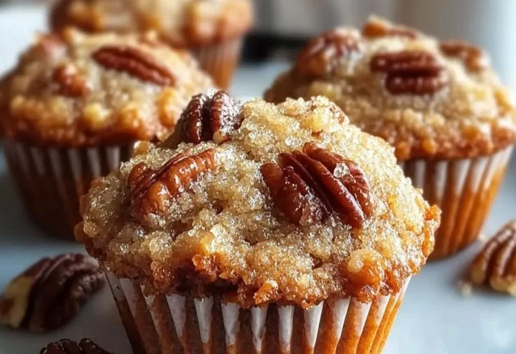 Pecan pie brown sugar muffins freshly baked and served on a plate.
