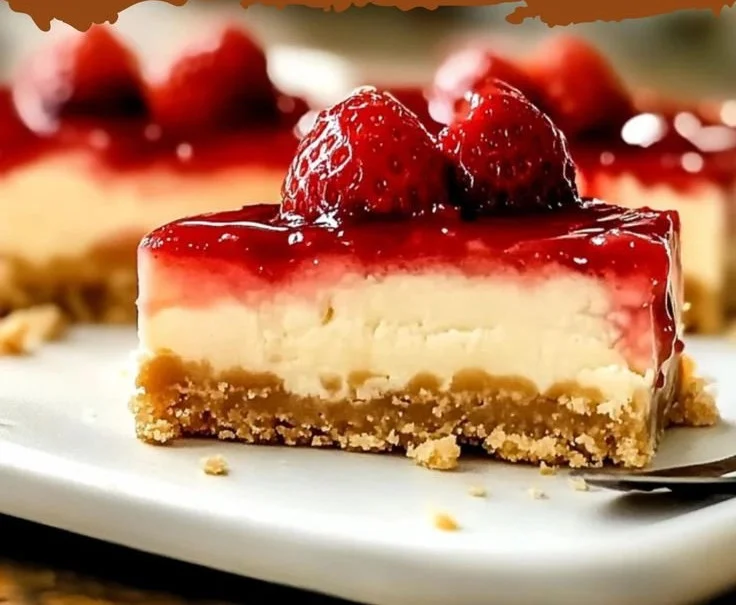 Delicious Philadelphia Strawberry Cheesecake Bars topped with fresh strawberries