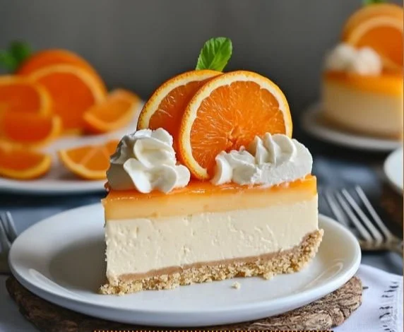Refreshing cheesecake with orange and vanilla flavors served on a plate