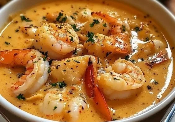 Bowl of rich crab and shrimp bisque garnished with herbs