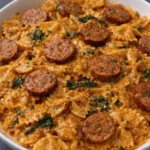 Sausage over Pasta 3 Sausage over pasta served in a bowl with fresh herbs and grated cheese.