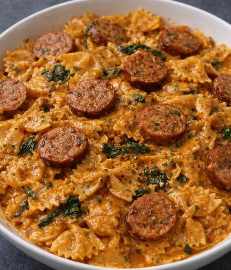 Sausage over pasta served in a bowl with fresh herbs and grated cheese.