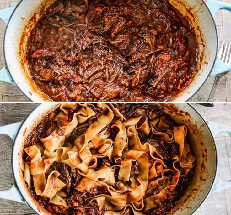 A delicious bowl of short rib ragu served over pasta, garnished with parsley.