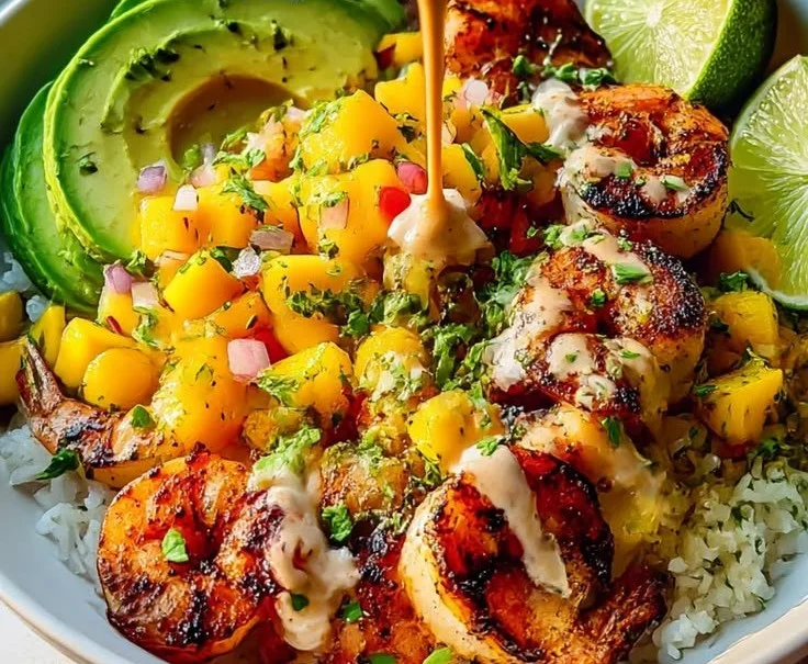Shrimp avocado bowls topped with vibrant mango salsa