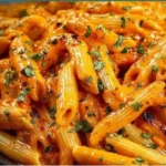 Delicious bowl of silky tomato garlic pasta garnished with fresh herbs