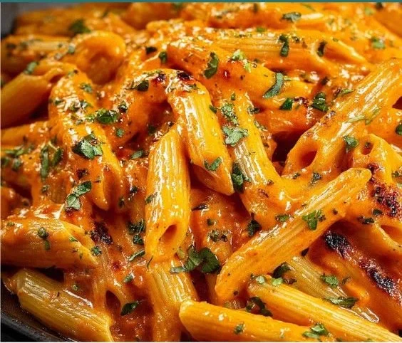 Delicious bowl of silky tomato garlic pasta garnished with fresh herbs