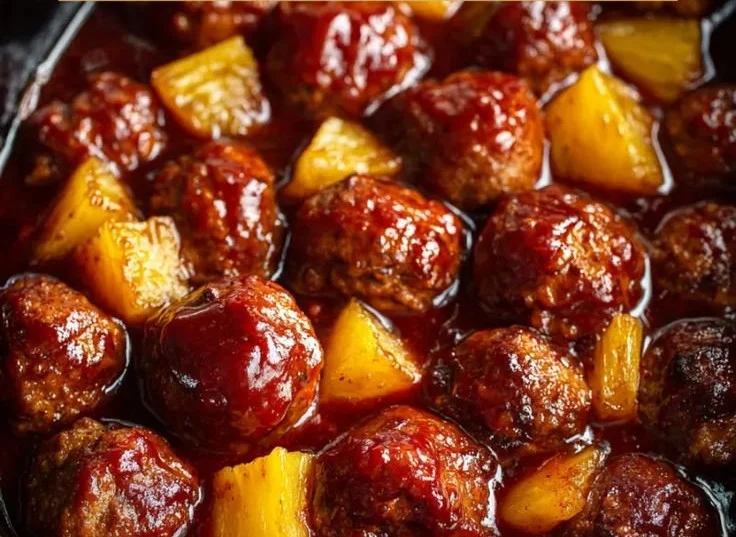 Delicious slow cooker pineapple barbecue meatballs served in sauce