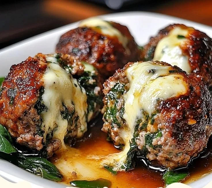 Spinach garlic meatballs stuffed with mozzarella on a serving plate.