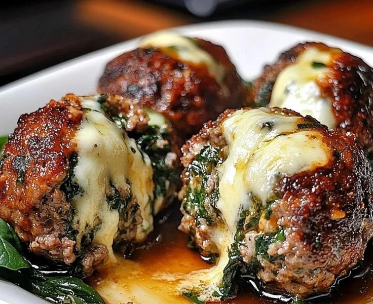 Spinach Garlic Meatballs Stuffed with Mozzarella