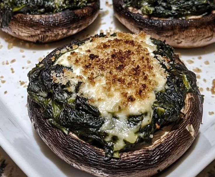Delicious Spinach Stuffed Portobello Mushrooms on a white plate