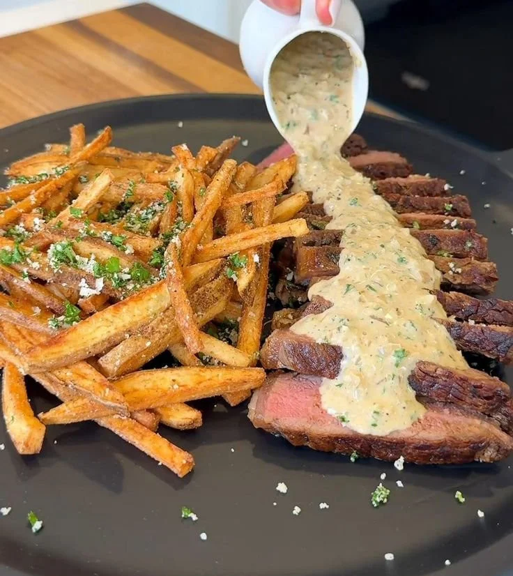 Delicious Steak and Fries served with herbs and dipping sauce